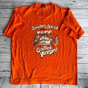 Vintage 1989 Wisconsin Grilled Venison T-Shirt XL Orange USA 80s Retro Grunge